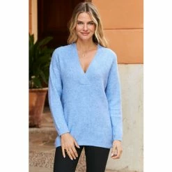 Sosandar Blue Super Soft V Neck Ribbed Jumper -Sosandar unnamed file 2782