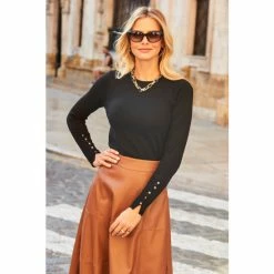 Sosandar Black Button Cuff Crew Neck Jumper