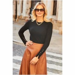 Sosandar Black Button Cuff Crew Neck Jumper -Sosandar unnamed file 2788