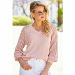 Sosandar Pink Pointelle Sleeve V Neck Jumper