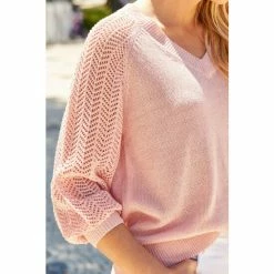 Sosandar Pink Pointelle Sleeve V Neck Jumper -Sosandar unnamed file 2796