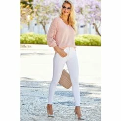 Sosandar Pink Pointelle Sleeve V Neck Jumper -Sosandar unnamed file 2797