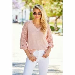Sosandar Pink Pointelle Sleeve V Neck Jumper -Sosandar unnamed file 2798