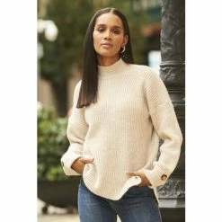 Sosandar Cream High Neck Folded Button Cuff Jumper