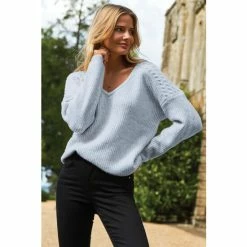 Sosandar Blue Cable Shoulder V Neck Jumper