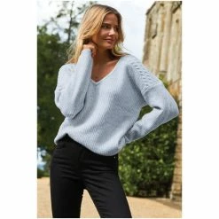 Sosandar Blue Cable Shoulder V Neck Jumper -Sosandar unnamed file 2821