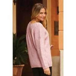 Sosandar Pink Cable Shoulder V Neck Jumper -Sosandar unnamed file 2824