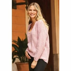 Sosandar Pink Cable Shoulder V Neck Jumper -Sosandar unnamed file 2825