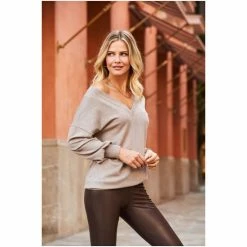 Sosandar Neutral V Neck Fine Knit Jumper -Sosandar unnamed file 2838