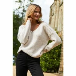 Sosandar Ivory Cable Shoulder V Neck Jumper