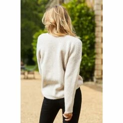 Sosandar Ivory Cable Shoulder V Neck Jumper -Sosandar unnamed file 2841