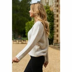 Sosandar Ivory Cable Shoulder V Neck Jumper -Sosandar unnamed file 2842