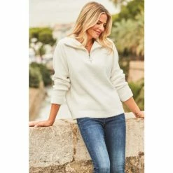 Sosandar Cream Super Soft Half Zip Rib Jumper
