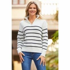 Sosandar Cream Stripe Half Zip Jumper