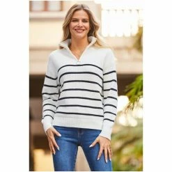 Sosandar Cream Stripe Half Zip Jumper -Sosandar unnamed file 2864