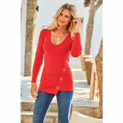 Sosandar Red Eyelet Detail V Neck Jumper