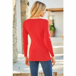 Sosandar Red Eyelet Detail V Neck Jumper -Sosandar unnamed file 2878