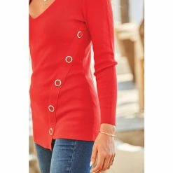 Sosandar Red Eyelet Detail V Neck Jumper -Sosandar unnamed file 2879