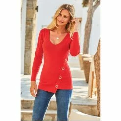 Sosandar Red Eyelet Detail V Neck Jumper -Sosandar unnamed file 2881