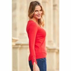 Sosandar Red Button Cuff V Neck Jumper -Sosandar unnamed file 2901