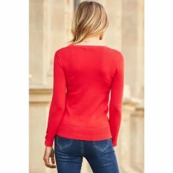 Sosandar Red Button Cuff V Neck Jumper -Sosandar unnamed file 2902