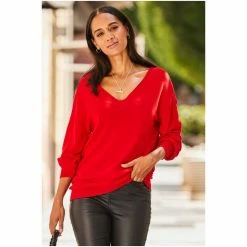 Sosandar Red Basic V Neck Fine Knit Jumpers -Sosandar unnamed file 2909
