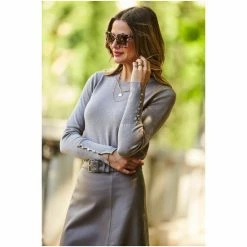 Sosandar Neutral Button Cuff Crew Neck Jumper 4 Sosandar Neutral Button Cuff Crew Neck Jumper -Sosandar unnamed file 2995