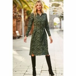 Sosandar Green Zebra Print Belted Midi Shirt Dress