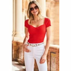 Sosandar Red Sweetheart Neckline Knitted Top