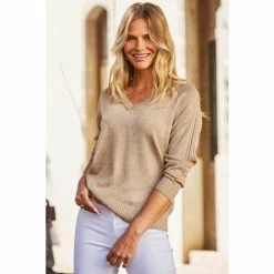 Sosandar Gold Metallic V Neck Slouchy Jumper