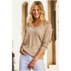 Sosandar Gold Metallic V Neck Slouchy Jumper -Sosandar unnamed file 3009