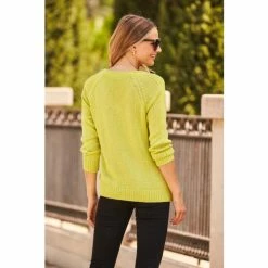 Sosandar Green V Neck Tape Yarn Jumper -Sosandar unnamed file 3012