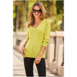 Sosandar Green V Neck Tape Yarn Jumper -Sosandar unnamed file 3015