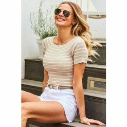 Sosandar Neutral Stripe Short Sleeve Boat Neck Jumper