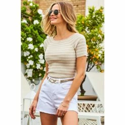 Sosandar Neutral Stripe Short Sleeve Boat Neck Jumper -Sosandar unnamed file 3029