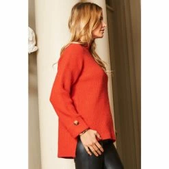 Sosandar Red Cream High Neck Folded Button Cuff Jumper 2 Sosandar Red Cream High Neck Folded Button Cuff Jumper -Sosandar unnamed file 3033