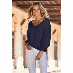 Sosandar Blue Basic V Neck Fine Knit Jumper