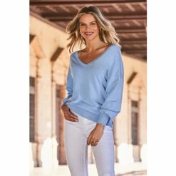 Sosandar Blue V Neck Fine Knit Jumper
