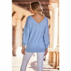 Sosandar Blue V Neck Fine Knit Jumper -Sosandar unnamed file 3065