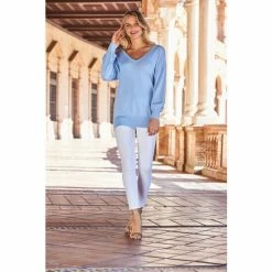 Sosandar Blue V Neck Fine Knit Jumper -Sosandar unnamed file 3066