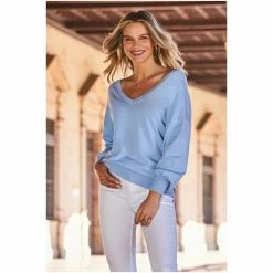 Sosandar Blue V Neck Fine Knit Jumper -Sosandar unnamed file 3067