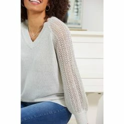 Sosandar Pewter V Neck Pointelle Sleeve Jumper -Sosandar unnamed file 3070