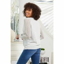 Sosandar Pewter V Neck Pointelle Sleeve Jumper -Sosandar unnamed file 3071