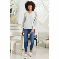 Sosandar Pewter V Neck Pointelle Sleeve Jumper -Sosandar unnamed file 3072