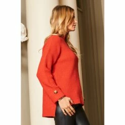Sosandar RED High Neck Folded Button Cuff Jumper -Sosandar unnamed file 3076