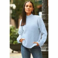 Sosandar Blue High Neck Folded Cuff Jumper