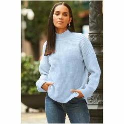 Sosandar Blue High Neck Folded Cuff Jumper -Sosandar unnamed file 3082