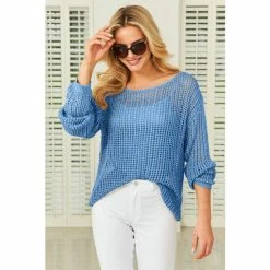 Sosandar Blue Metallic Open Knit Jumper