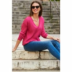 Sosandar Pink Wide Rib V Neck Jumper -Sosandar unnamed file 3104