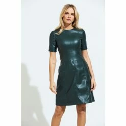 Sosandar Green Leather Look Panelled Shift Dress -Sosandar unnamed file 311